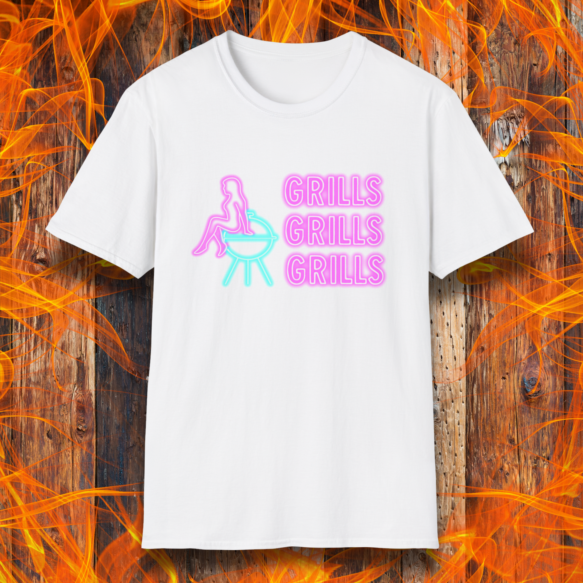 White t-shirt with graphic design and text 'GRILLS GRILLS GRILLS' on a fiery background