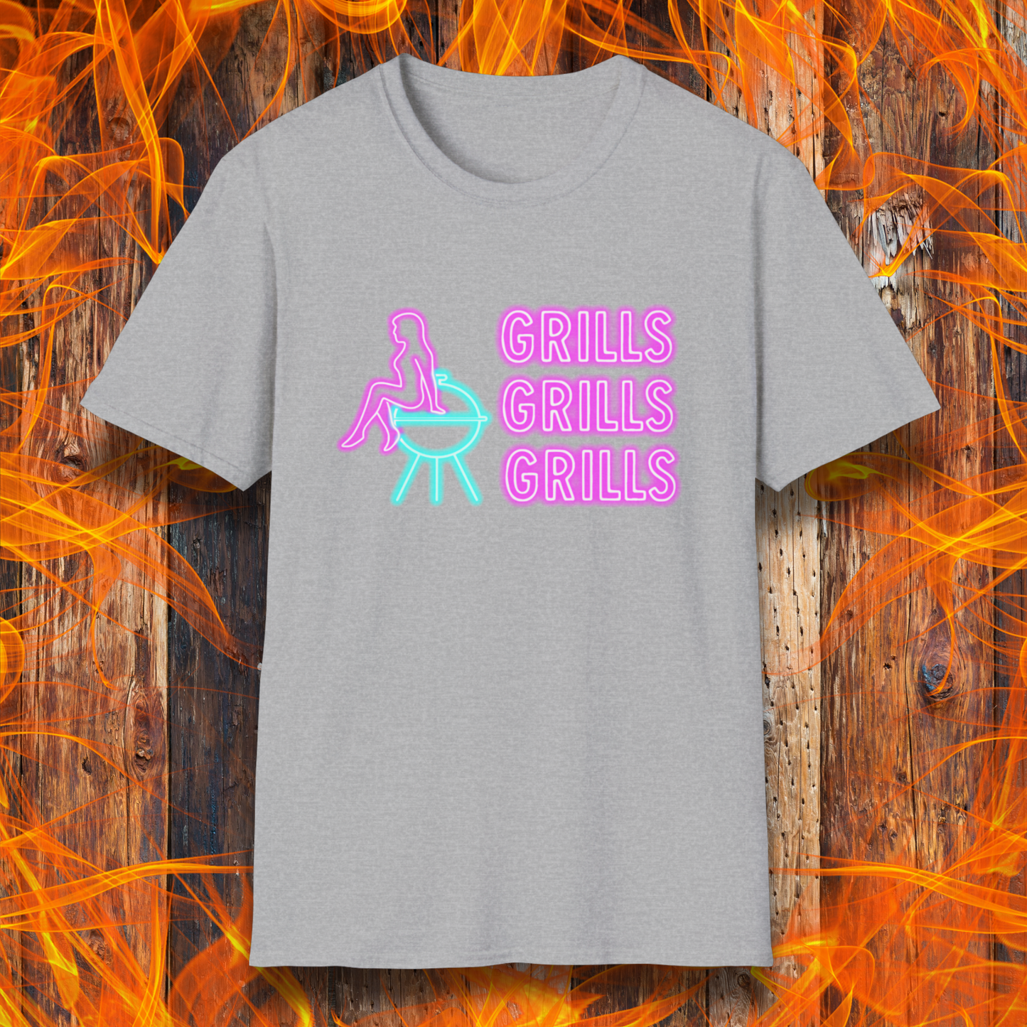 Gray t-shirt with a graphic design and text 'GRILLS GRILLS GRILLS' on a fiery background