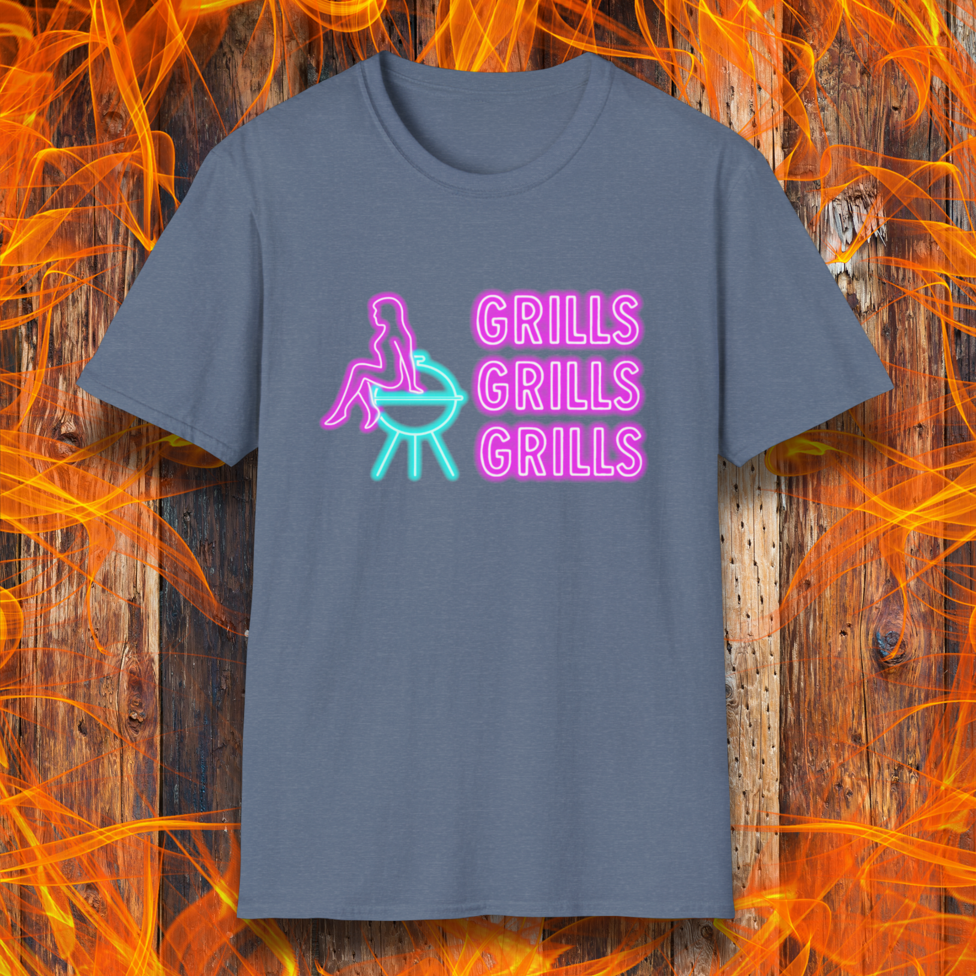 Blue t-shirt with neon graphic and text 'GRILLS GRILLS GRILLS' on a fiery background