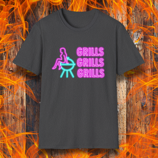 Black t-shirt with neon graphic and text 'GRILLS GRILLS GRILLS' on a fiery background