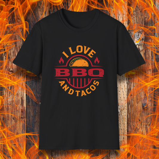 Black t-shirt with 'I Love BBQ and Tacos' design on a fiery background