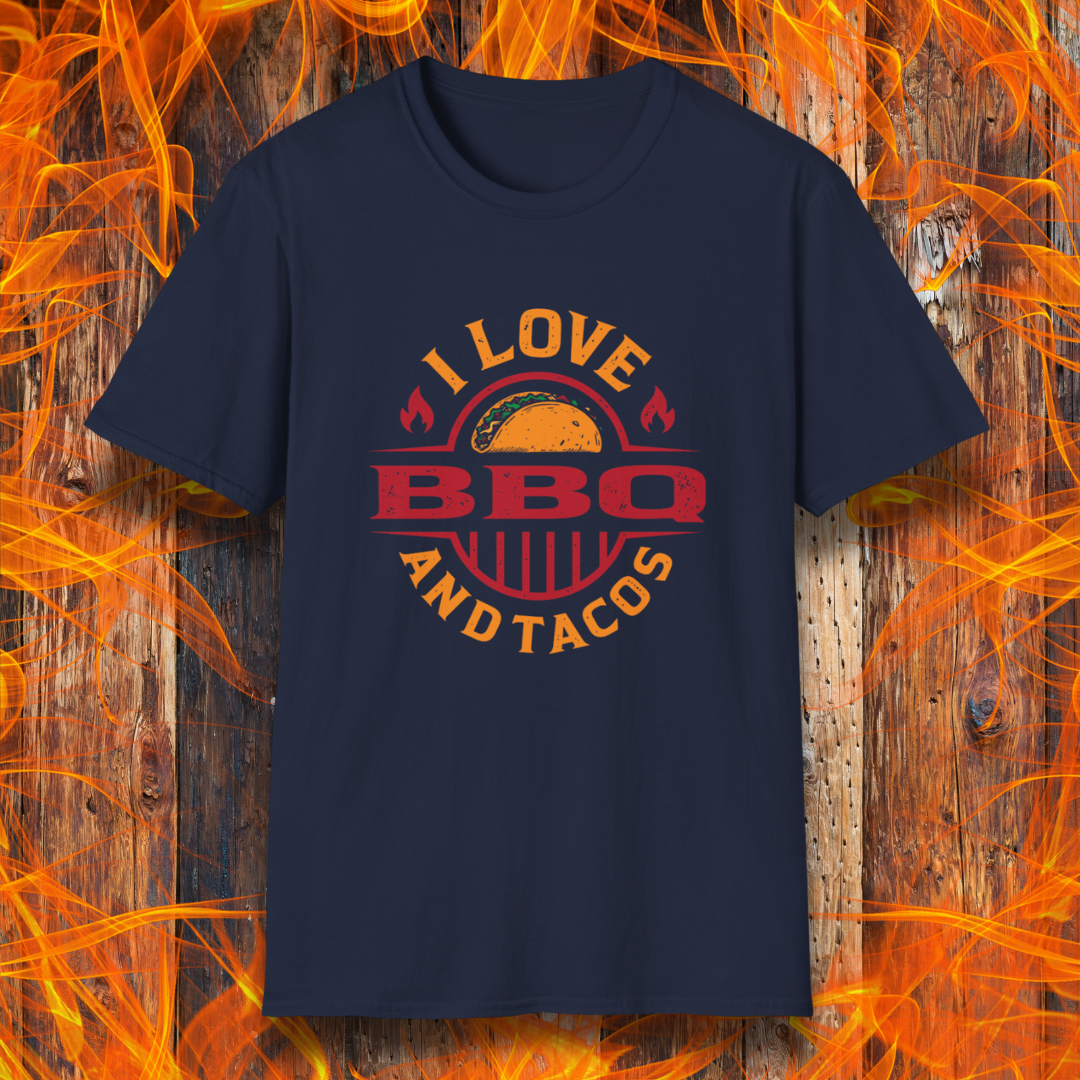 Navy blue t-shirt with 'I Love BBQ and Tacos' design on a fiery background