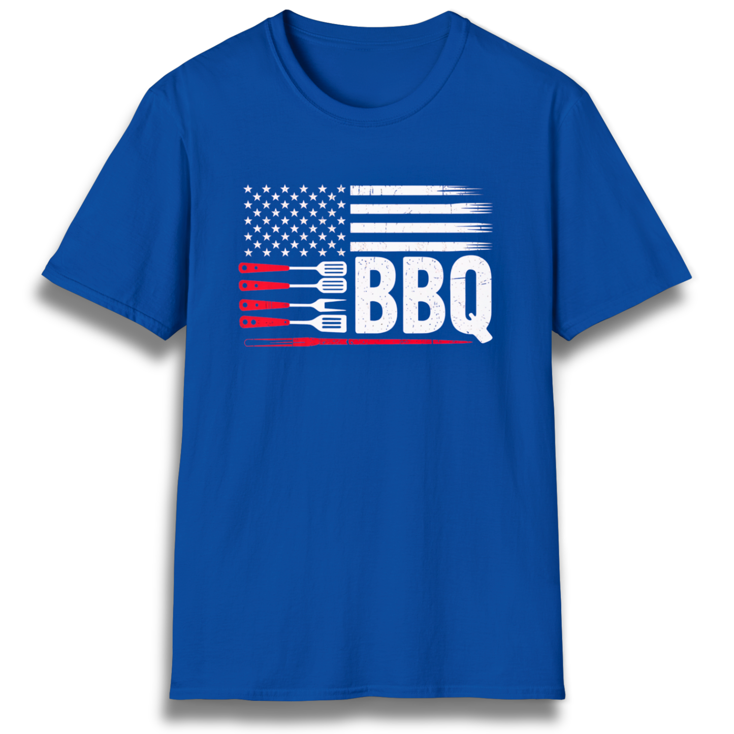 T-shirt with flag graphic made up of stars, stipes, and grilling tools. Includes the word "BBQ"