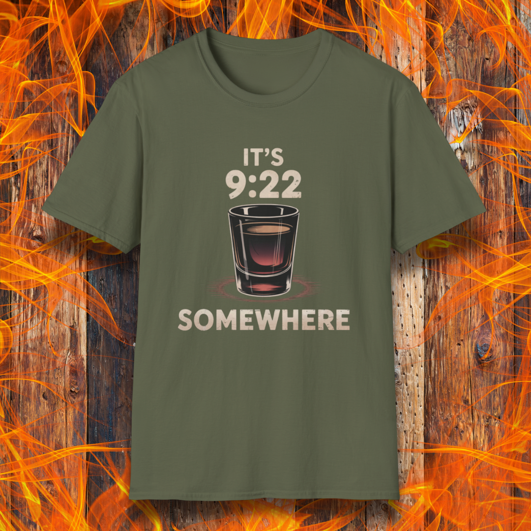 Military Green T-shirt featuring the phrase "It’s 9:22 Somewhere" with a detailed shot glass illustration, set against a rustic wood and flame background — a nod to the BBQ competition tradition of the 9:22 shot.
