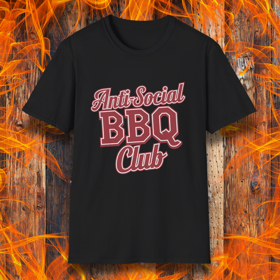 Black t-shirt with a bold red and white 'Anti-Social BBQ Club' design, perfect for grillers who prefer smoking meat over small talk