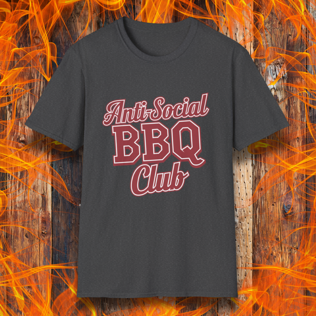 Dark Heather t-shirt with a bold red and white 'Anti-Social BBQ Club' design, perfect for grillers who prefer smoking meat over small talk
