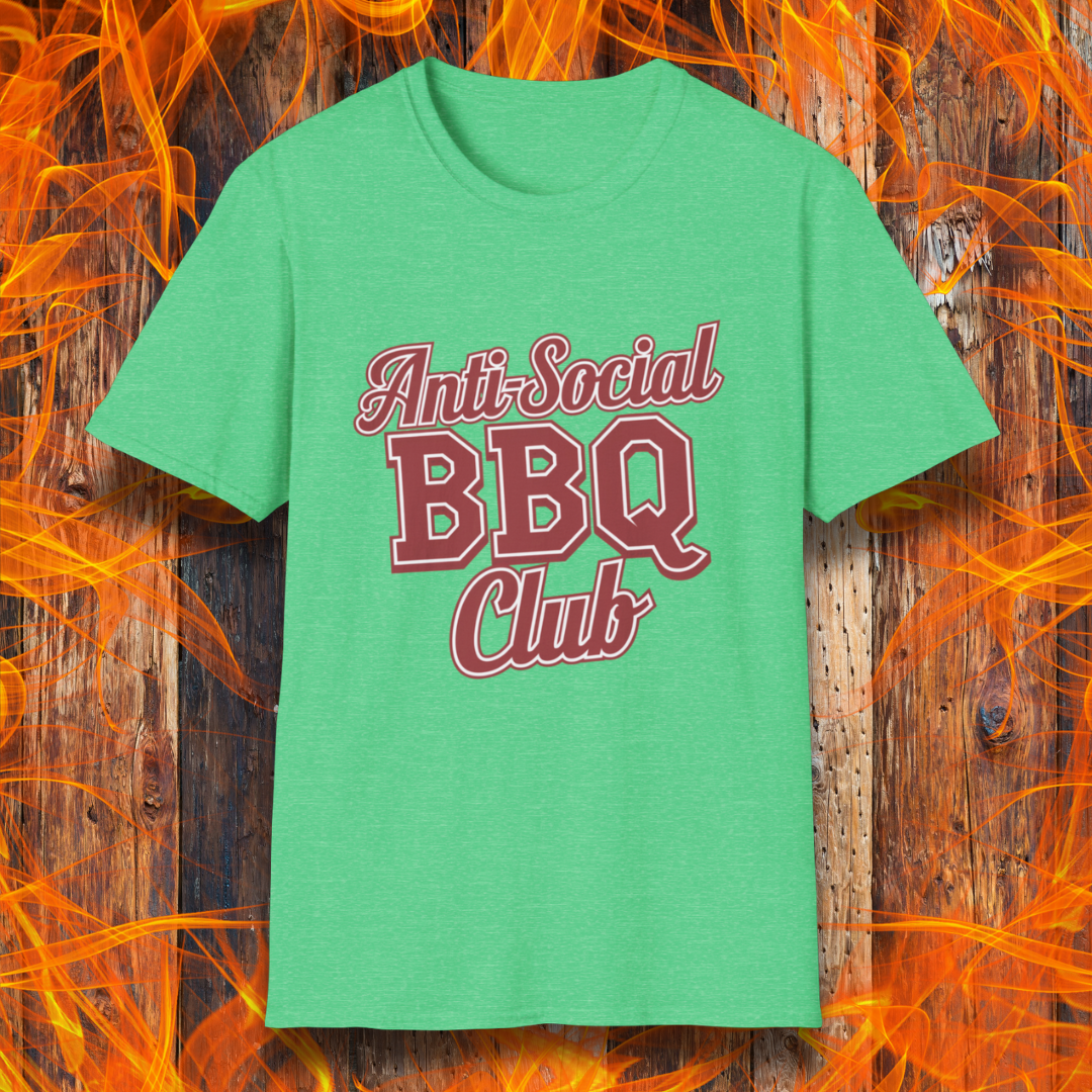 Heather Irish Green t-shirt with a bold red and white 'Anti-Social BBQ Club' design, perfect for grillers who prefer smoking meat over small talk