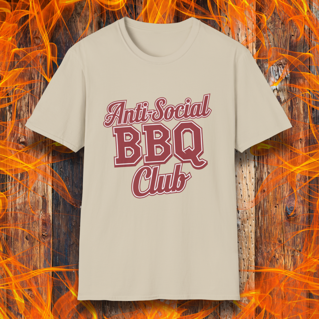 Sand t-shirt with a bold red and white 'Anti-Social BBQ Club' design, perfect for grillers who prefer smoking meat over small talk
