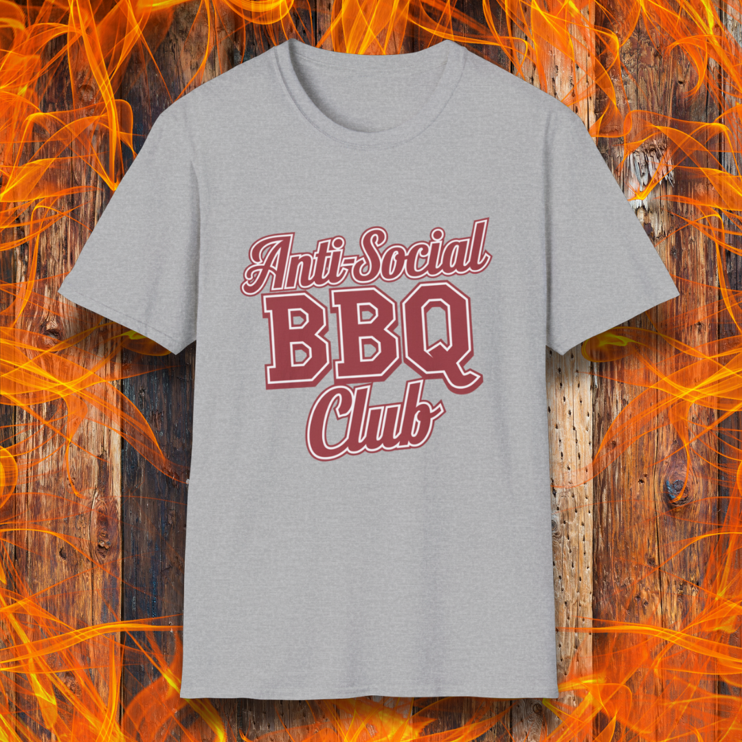 Sport Grey t-shirt with a bold red and white 'Anti-Social BBQ Club' design, perfect for grillers who prefer smoking meat over small talk
