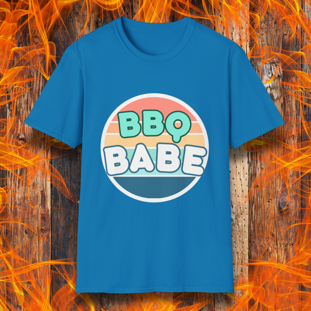 Sapphire Blue T-shirt with a retro-style 'BBQ Babe' design featuring bold, pastel lettering inside a vintage sunset circle. A fun and stylish choice for BBQ enthusiasts who love to grill in style.
