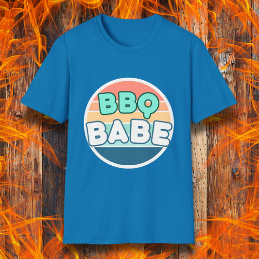 Sapphire Blue T-shirt with a retro-style 'BBQ Babe' design featuring bold, pastel lettering inside a vintage sunset circle. A fun and stylish choice for BBQ enthusiasts who love to grill in style.