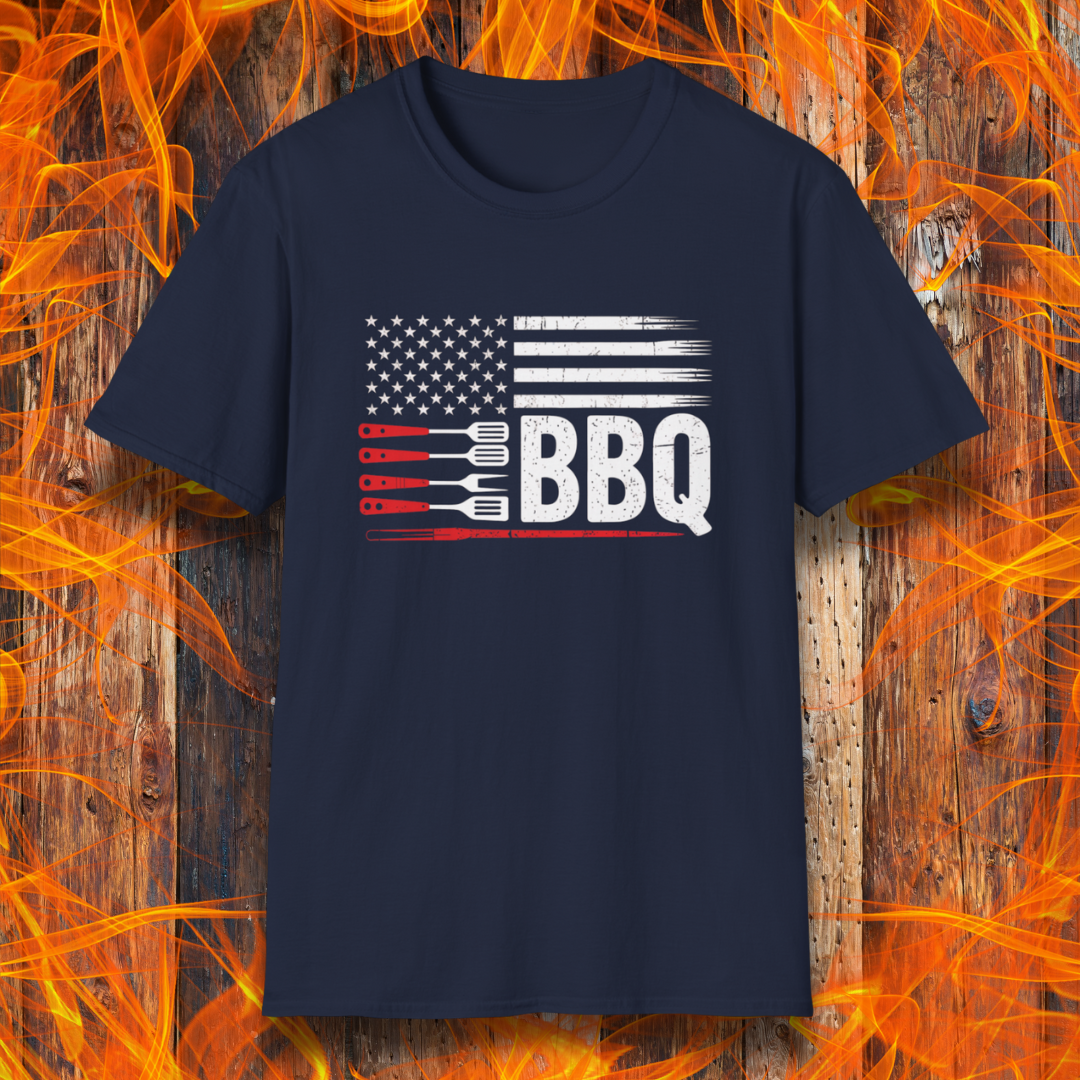 Navy blue t-shirt with American flag and BBQ graphic on a fiery background