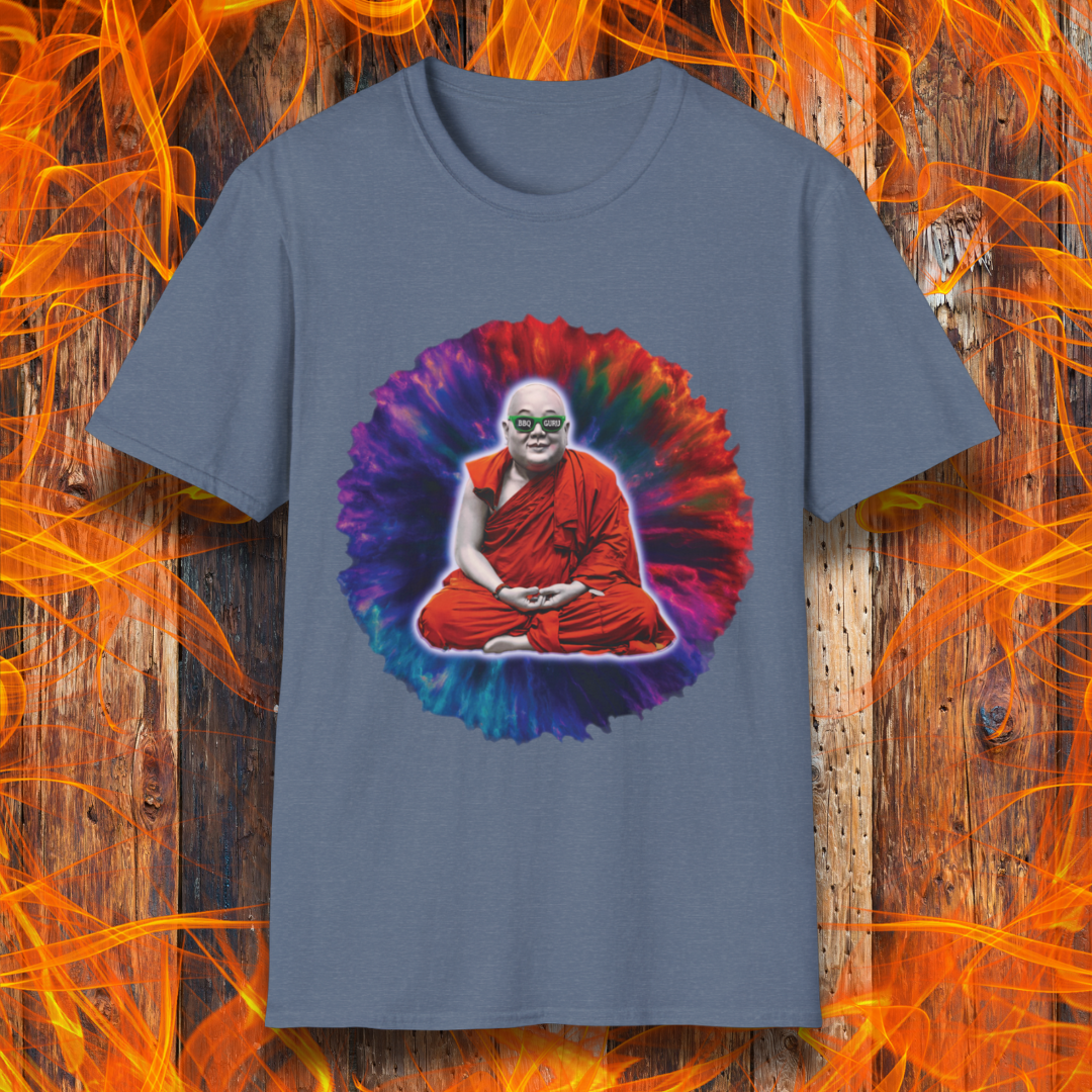 Heather Indigo T-shirt featuring a meditating monk with a colorful tie-dye aura and "BBQ Guru" sunglasses. Perfect for BBQ masters, pitmasters, and grilling enthusiasts who take their craft to a spiritual level.