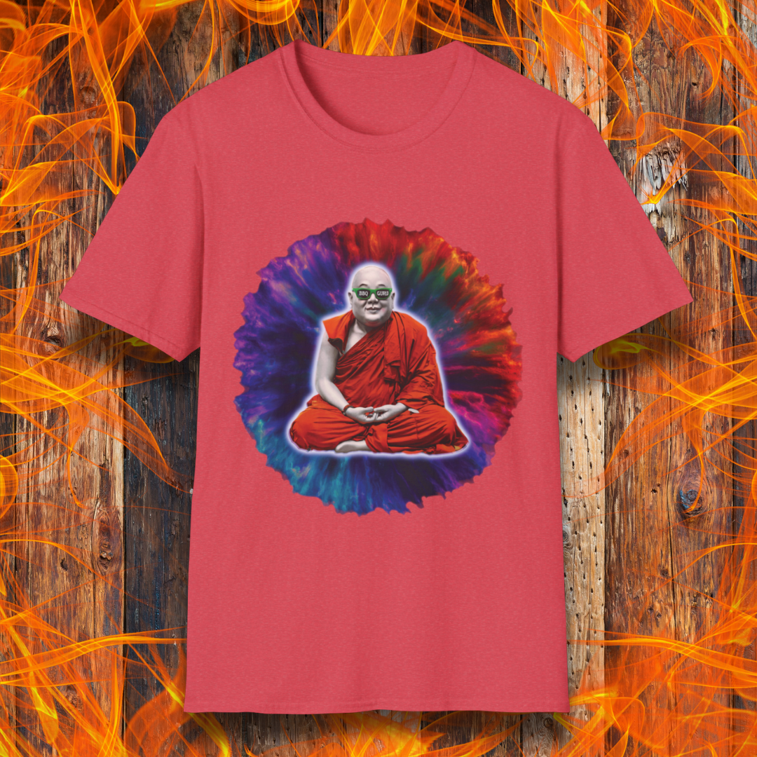 Heather Red T-shirt featuring a meditating monk with a colorful tie-dye aura and "BBQ Guru" sunglasses. Perfect for BBQ masters, pitmasters, and grilling enthusiasts who take their craft to a spiritual level.