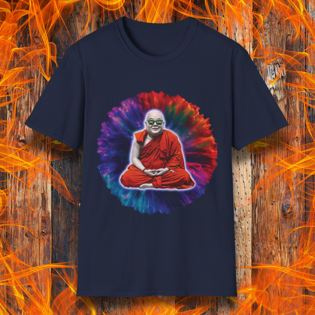 Navy T-shirt featuring a meditating monk with a colorful tie-dye aura and "BBQ Guru" sunglasses. Perfect for BBQ masters, pitmasters, and grilling enthusiasts who take their craft to a spiritual level.