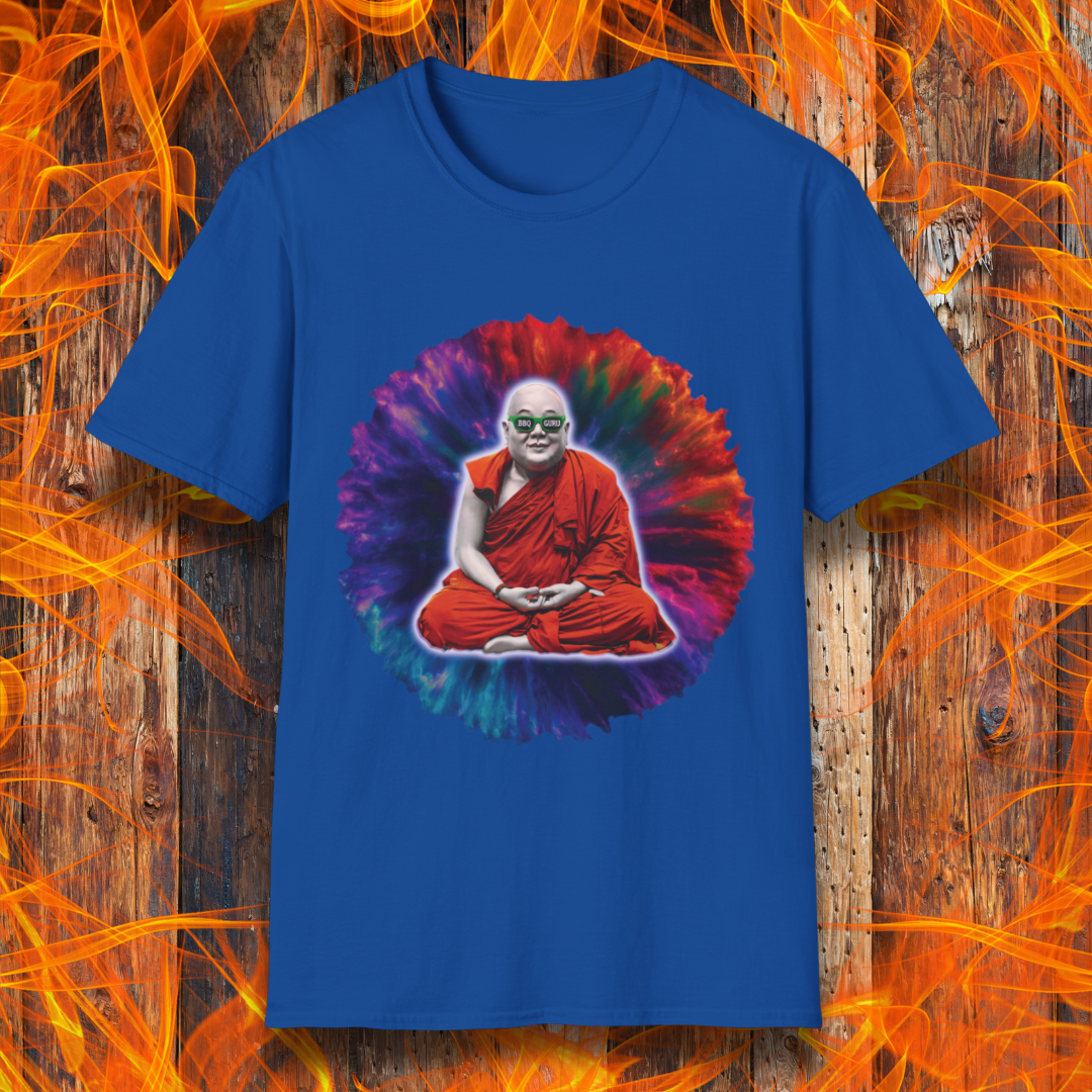 Royal T-shirt featuring a meditating monk with a colorful tie-dye aura and "BBQ Guru" sunglasses. Perfect for BBQ masters, pitmasters, and grilling enthusiasts who take their craft to a spiritual level.