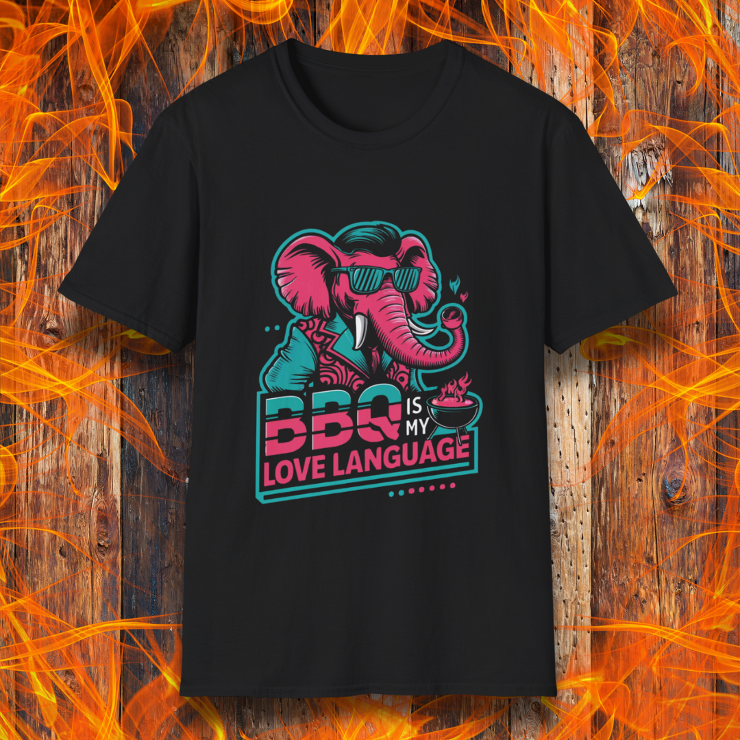 Black T-shirt featuring a bold neon-style design of a cool elephant in sunglasses with the phrase 'BBQ Is My Love Language.' Perfect for barbecue enthusiasts and grill masters who love to showcase their passion for smoked meats and outdoor cooking in style.