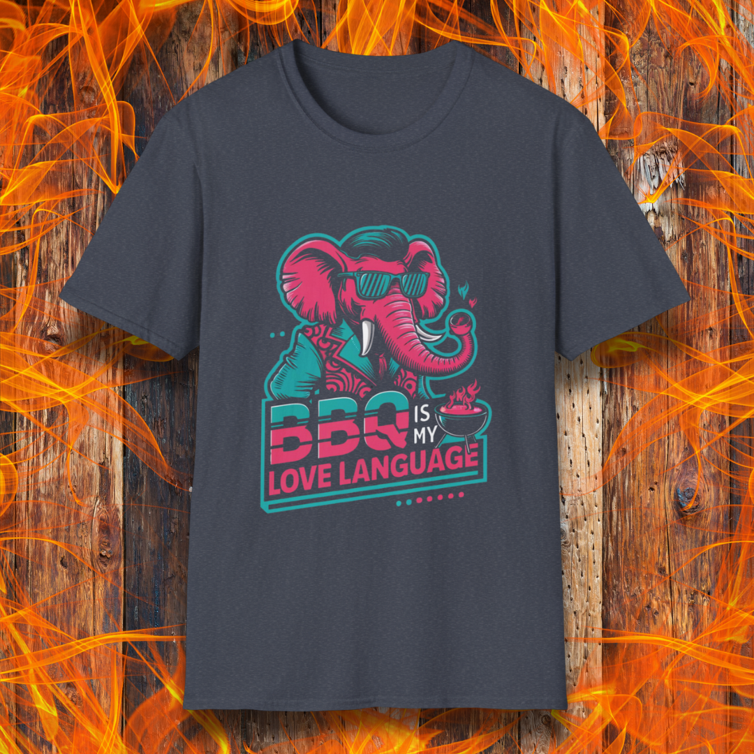 Heather Indigo T-shirt featuring a bold neon-style design of a cool elephant in sunglasses with the phrase 'BBQ Is My Love Language.' Perfect for barbecue enthusiasts and grill masters who love to showcase their passion for smoked meats and outdoor cooking in style.