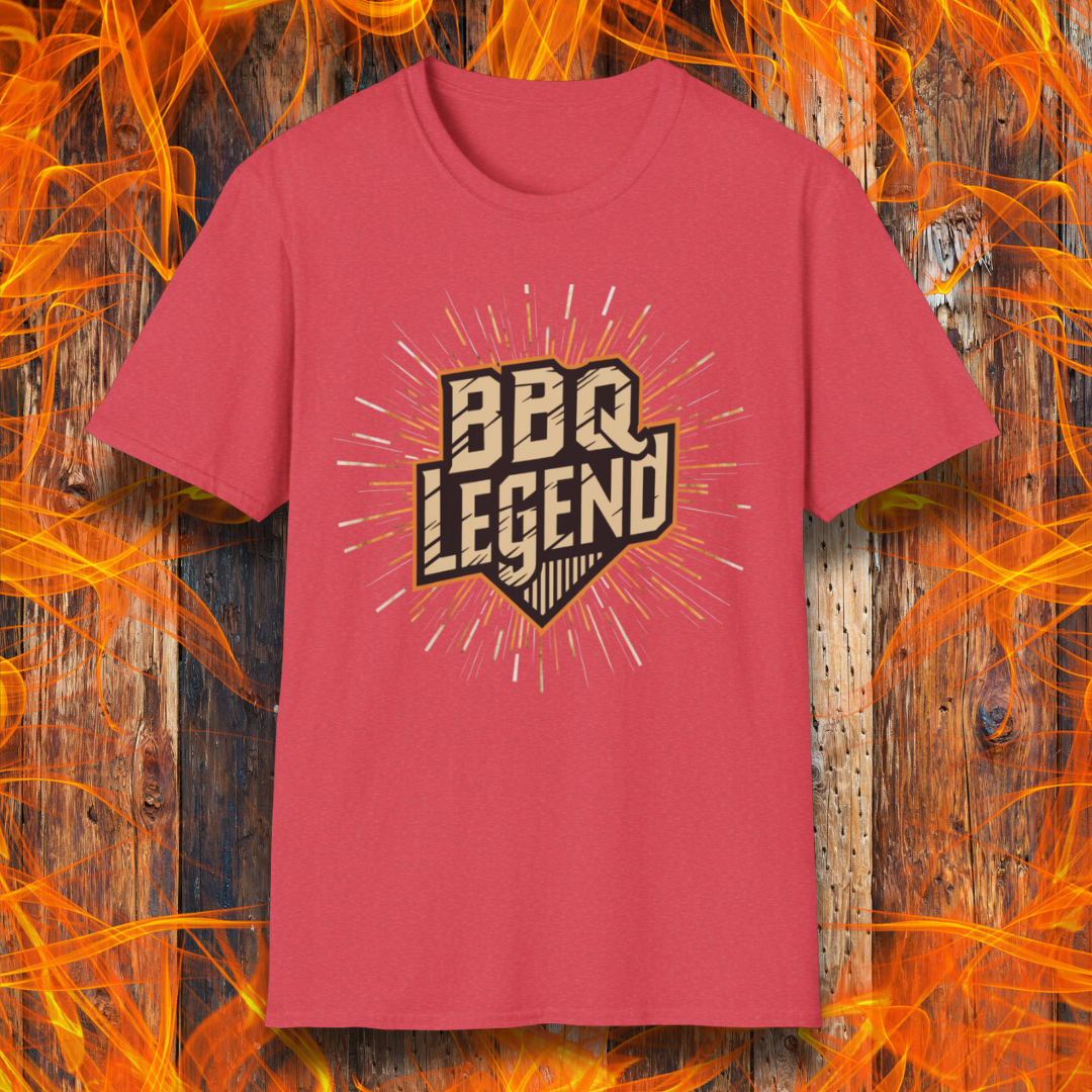 Heather Red t-shirt featuring a bold 'BBQ Legend' design with a vintage shield emblem and radiant burst effect, perfect for grill masters and barbecue enthusiasts.
