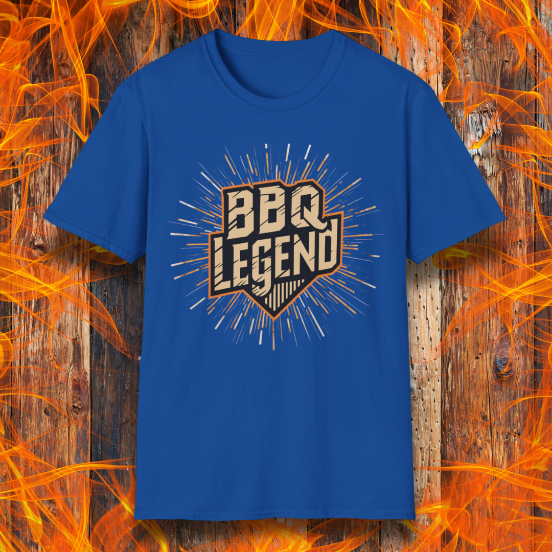 Royal Blue t-shirt featuring a bold 'BBQ Legend' design with a vintage shield emblem and radiant burst effect, perfect for grill masters and barbecue enthusiasts.