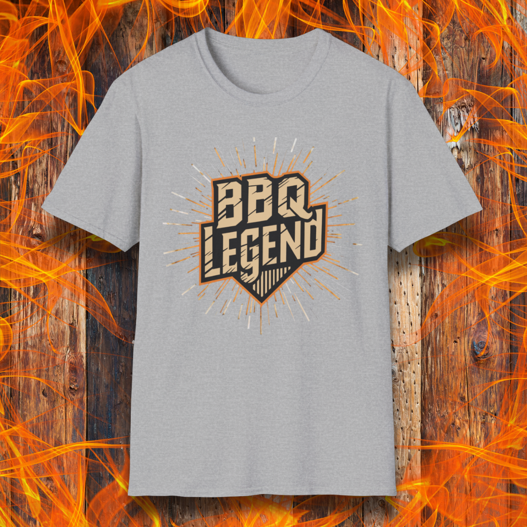 Sport Grey t-shirt featuring a bold 'BBQ Legend' design with a vintage shield emblem and radiant burst effect, perfect for grill masters and barbecue enthusiasts.