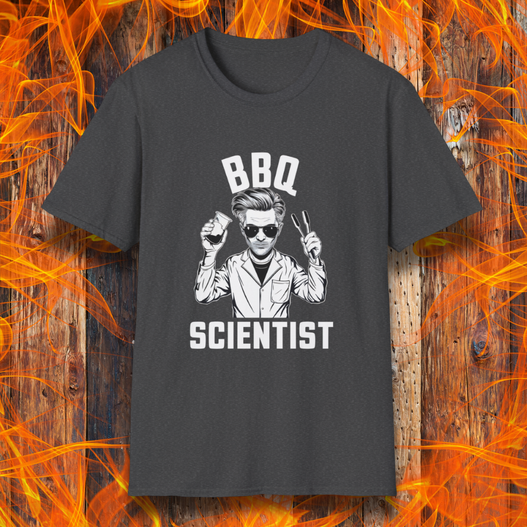 Dark Heather t-shirt featuring a bold black-and-white illustration of a cool scientist holding BBQ tongs and a beaker, with the phrase 'BBQ Scientist' displayed above and below."