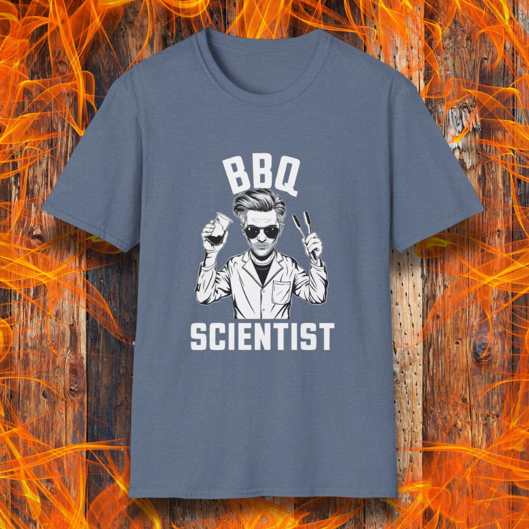 Heather Indigo t-shirt featuring a bold black-and-white illustration of a cool scientist holding BBQ tongs and a beaker, with the phrase 'BBQ Scientist' displayed above and below."