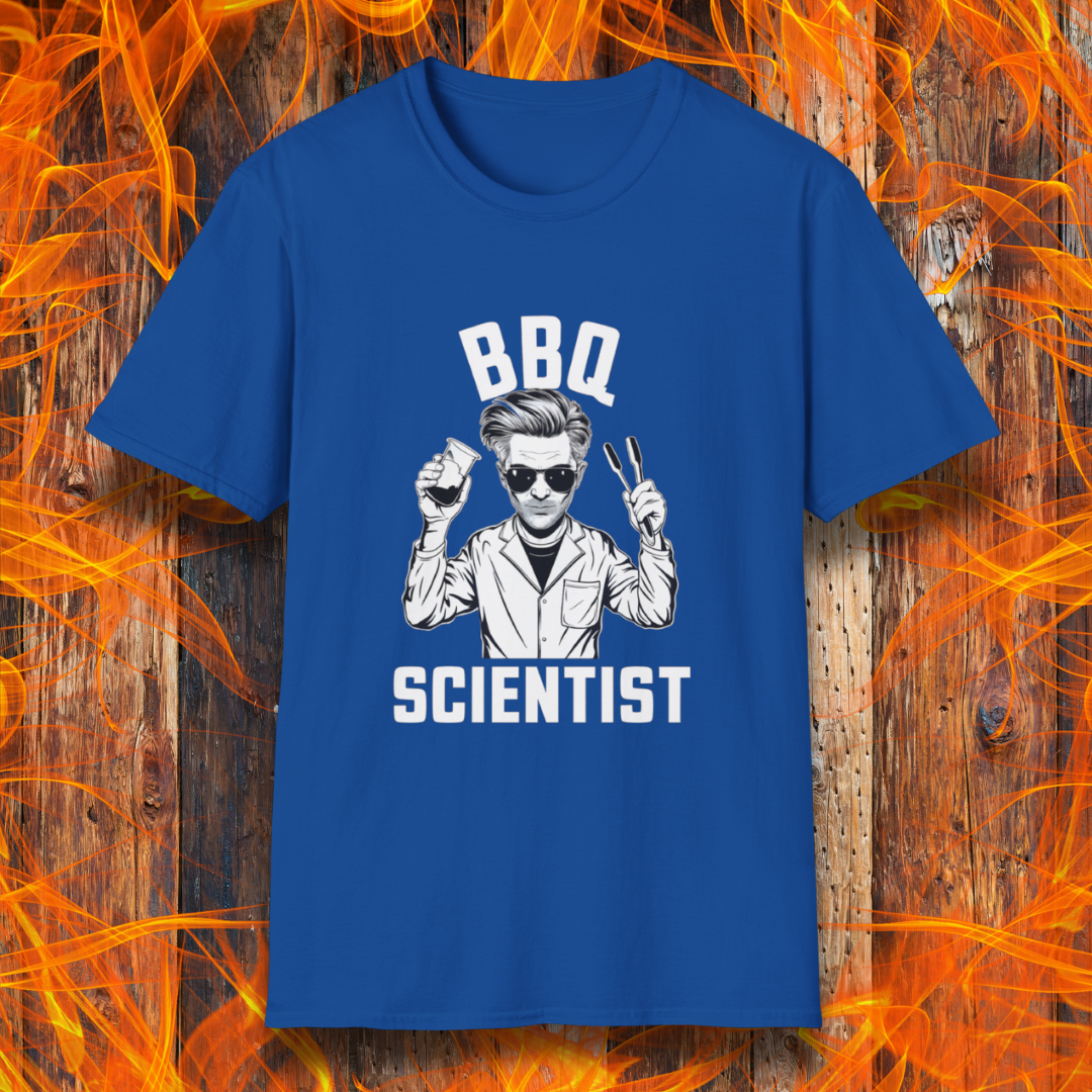 Royal Blue t-shirt featuring a bold black-and-white illustration of a cool scientist holding BBQ tongs and a beaker, with the phrase 'BBQ Scientist' displayed above and below."
