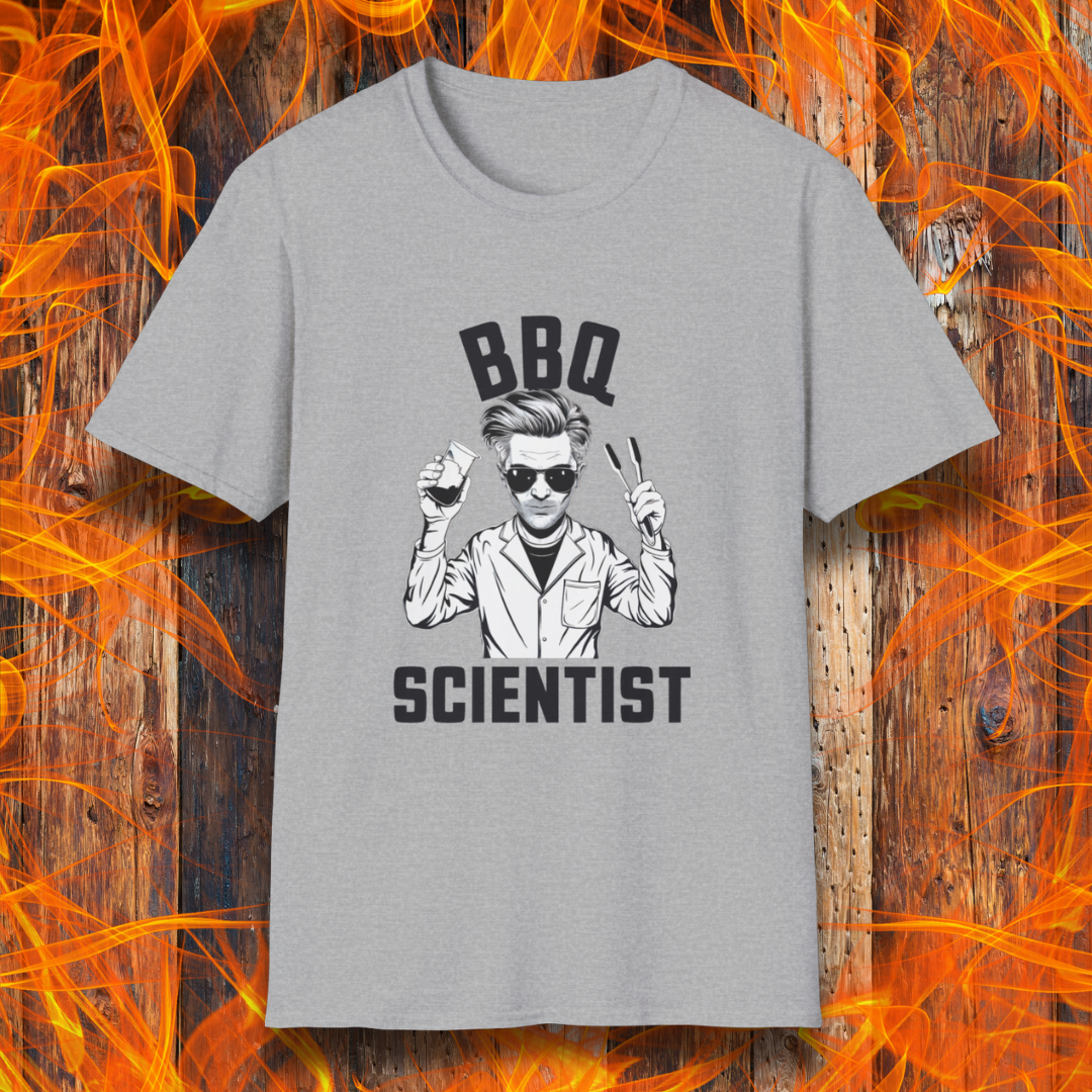 Sport Grey t-shirt featuring a bold black-and-white illustration of a cool scientist holding BBQ tongs and a beaker, with the phrase 'BBQ Scientist' displayed above and below."