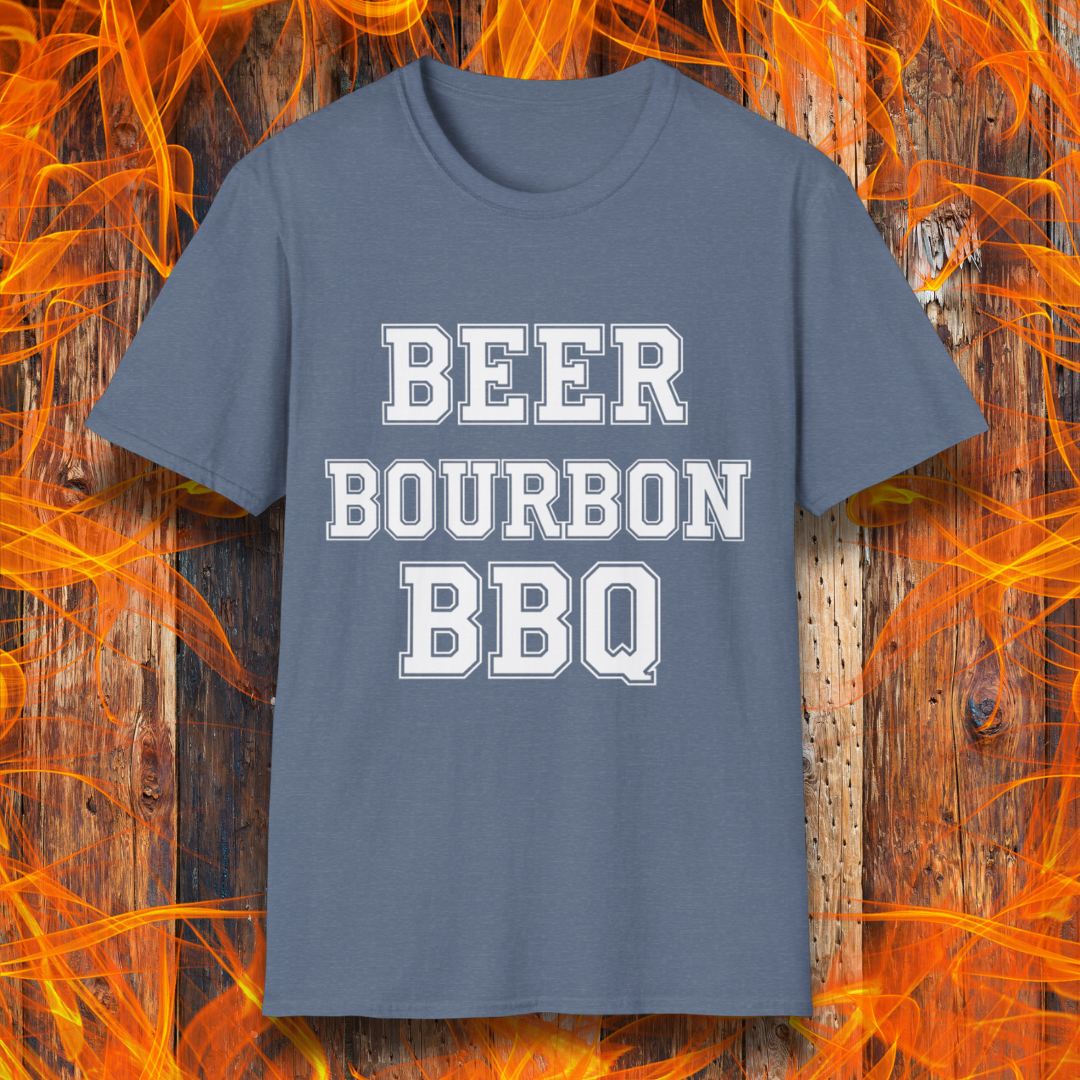 Heather Indigo T-shirt with bold white block lettering that reads 'BEER BOURBON BBQ,' celebrating a love for drinks and grilling in a simple, classic design.