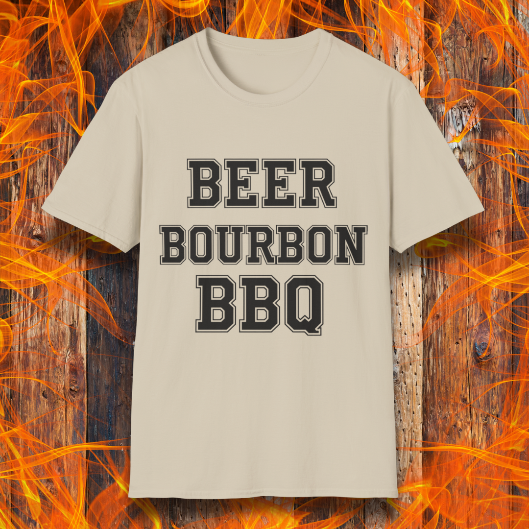 Sand T-shirt with bold white block lettering that reads 'BEER BOURBON BBQ,' celebrating a love for drinks and grilling in a simple, classic design.