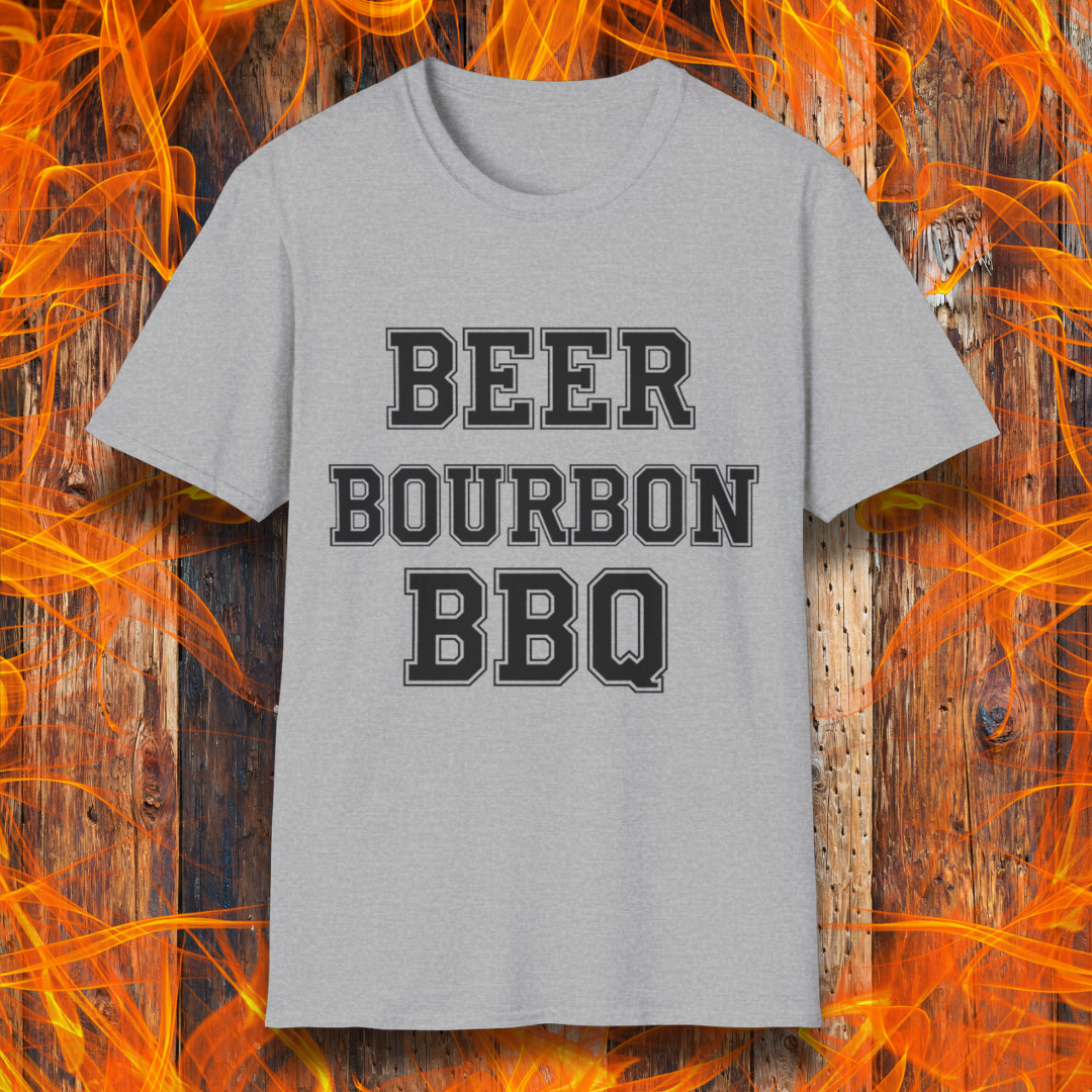 Sport Grey T-shirt with bold white block lettering that reads 'BEER BOURBON BBQ,' celebrating a love for drinks and grilling in a simple, classic design.