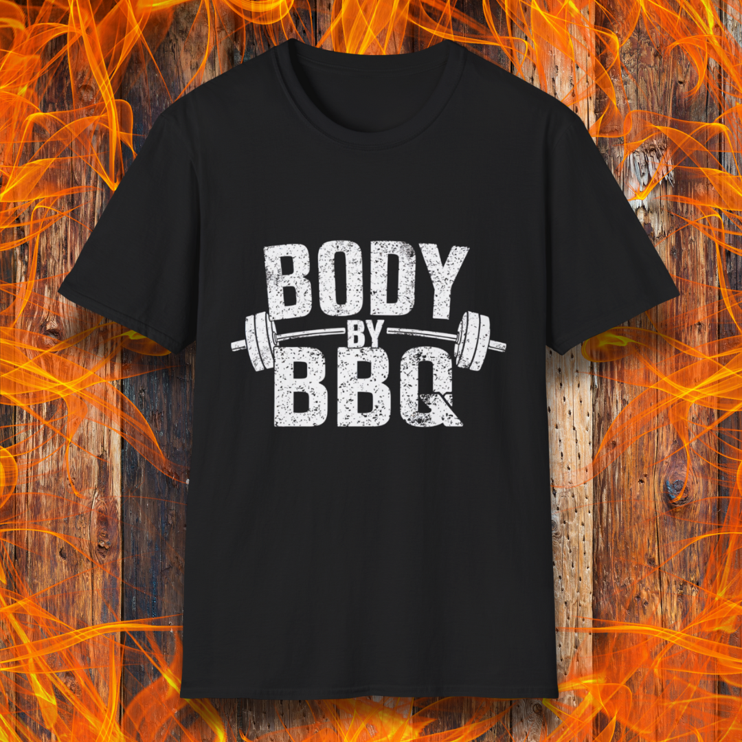 Black T-shirt with 'Body By BBQ' design featuring bold distressed text and a barbell graphic, perfect for grilling and fitness enthusiasts.