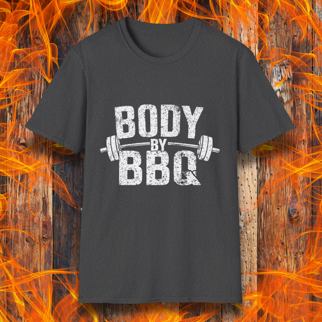 Dark Heather T-shirt with 'Body By BBQ' design featuring bold distressed text and a barbell graphic, perfect for grilling and fitness enthusiasts.