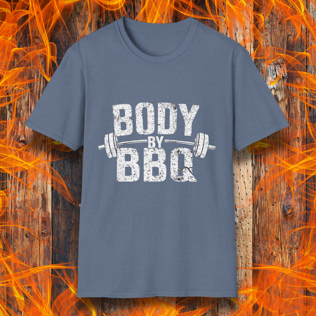 Heather Indigo T-shirt with 'Body By BBQ' design featuring bold distressed text and a barbell graphic, perfect for grilling and fitness enthusiasts.