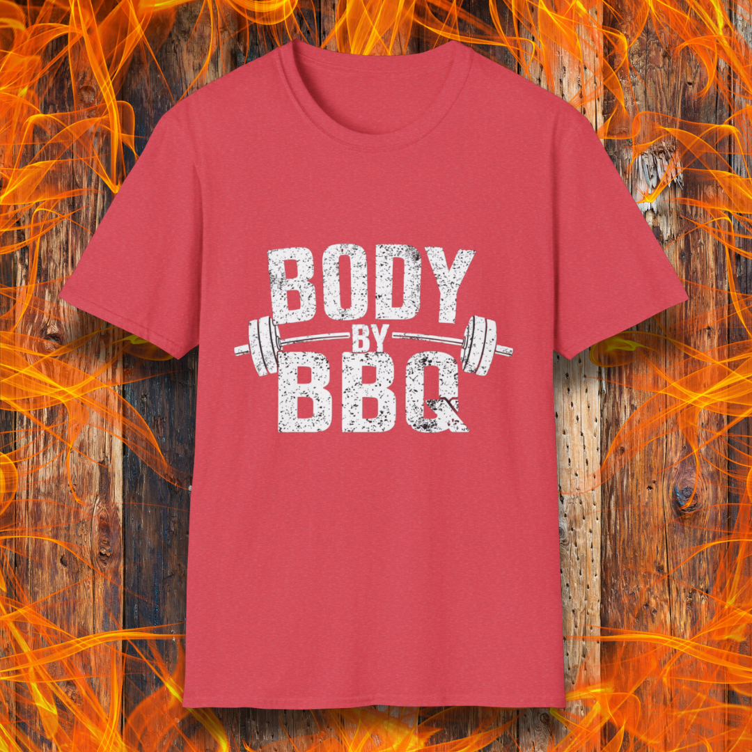 Heather Red T-shirt with 'Body By BBQ' design featuring bold distressed text and a barbell graphic, perfect for grilling and fitness enthusiasts.