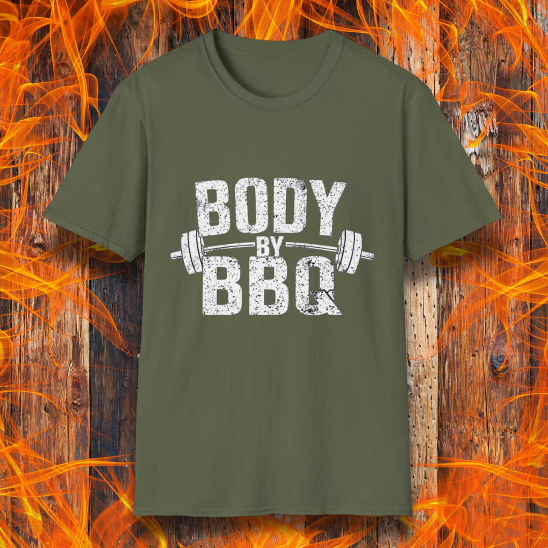Military Green T-shirt with 'Body By BBQ' design featuring bold distressed text and a barbell graphic, perfect for grilling and fitness enthusiasts.