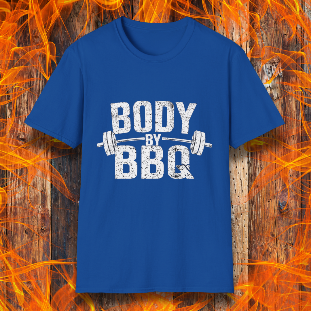 Royal Blue T-shirt with 'Body By BBQ' design featuring bold distressed text and a barbell graphic, perfect for grilling and fitness enthusiasts.