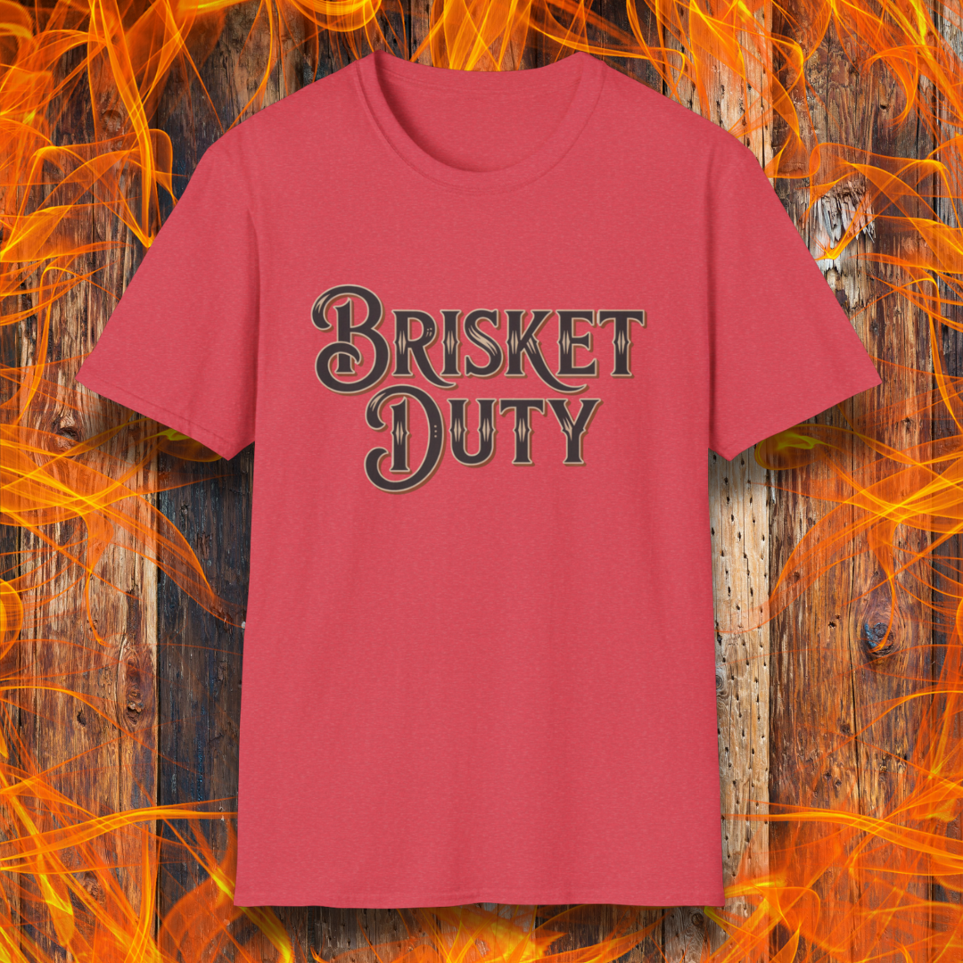 Heather Red t-shirt with bold Western-style "Brisket Duty" text—ideal for pitmasters, BBQ crew members, or anyone proudly on call for the smoker.