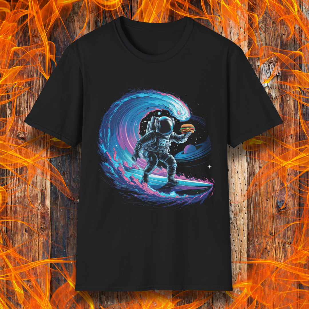 Black T-shirt featuring a vibrant, futuristic design of an astronaut surfing a cosmic wave in space. The astronaut is depicted in a detailed spacesuit, balancing on a surfboard while holding a burger in one hand. The wave is a swirling mix of blue, purple, and pink hues, with planets and stars in the background, creating a surreal and adventurous theme. The backdrop includes a rustic wooden surface with bright orange flames, enhancing the dynamic visual appeal.