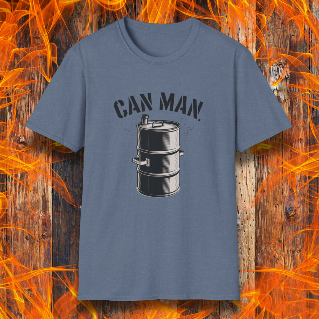 Heather Indigo t-shirt featuring a bold "Can Man" design with a smoking drum smoker graphic—perfect for Drum Smoker enthusiasts and backyard BBQ legends.