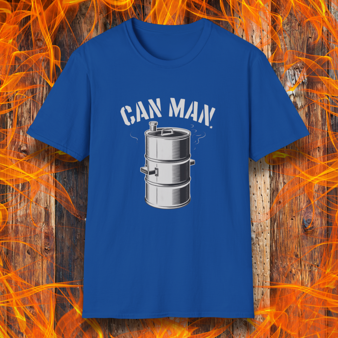 Royal blue t-shirt featuring a bold "Can Man" design with a smoking drum smoker graphic—perfect for Drum Smoker enthusiasts and backyard BBQ legends.