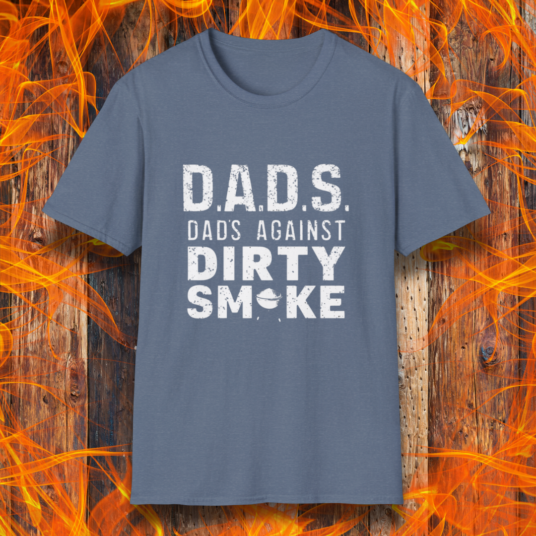 Heather Indigo T-shirt featuring bold, distressed text that reads 'D.A.D.S. – Dads Against Dirty Smoke,' with a small smoker icon incorporated into the design. Perfect for BBQ dads who take their smoking game seriously!