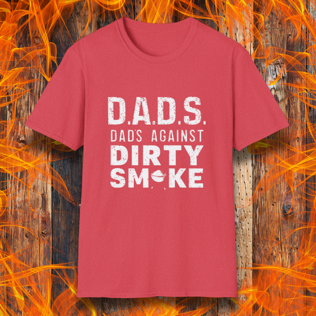 Heather Red T-shirt featuring bold, distressed text that reads 'D.A.D.S. – Dads Against Dirty Smoke,' with a small smoker icon incorporated into the design. Perfect for BBQ dads who take their smoking game seriously!