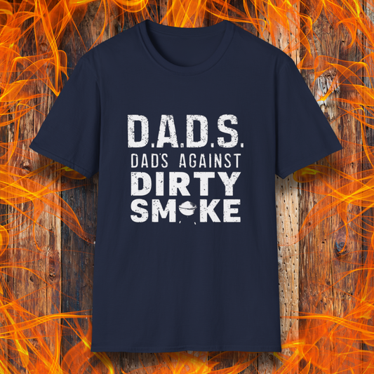 Navy T-shirt featuring bold, distressed text that reads 'D.A.D.S. – Dads Against Dirty Smoke,' with a small smoker icon incorporated into the design. Perfect for BBQ dads who take their smoking game seriously!
