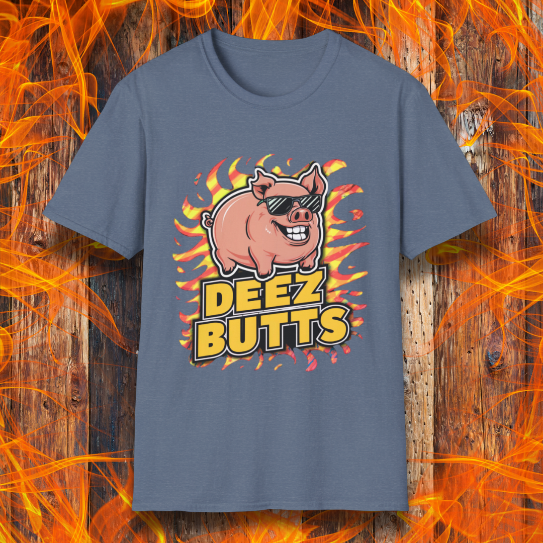 Heather Indigo T-Shirt showcasing a pig with sunglasses and the phrase "Deez Butts" sitting below the pig in bold yellow lettering.