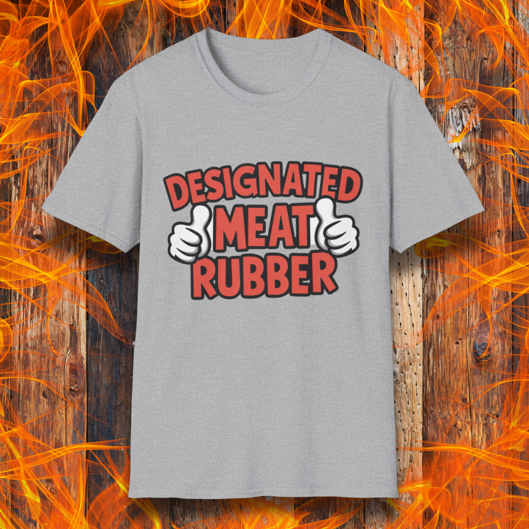 Sport Grey T-shirt featuring bold text reading 'Designated Meat Rubber' with two thumbs-up graphics, a humorous BBQ-themed design for grill masters and barbecue lovers.