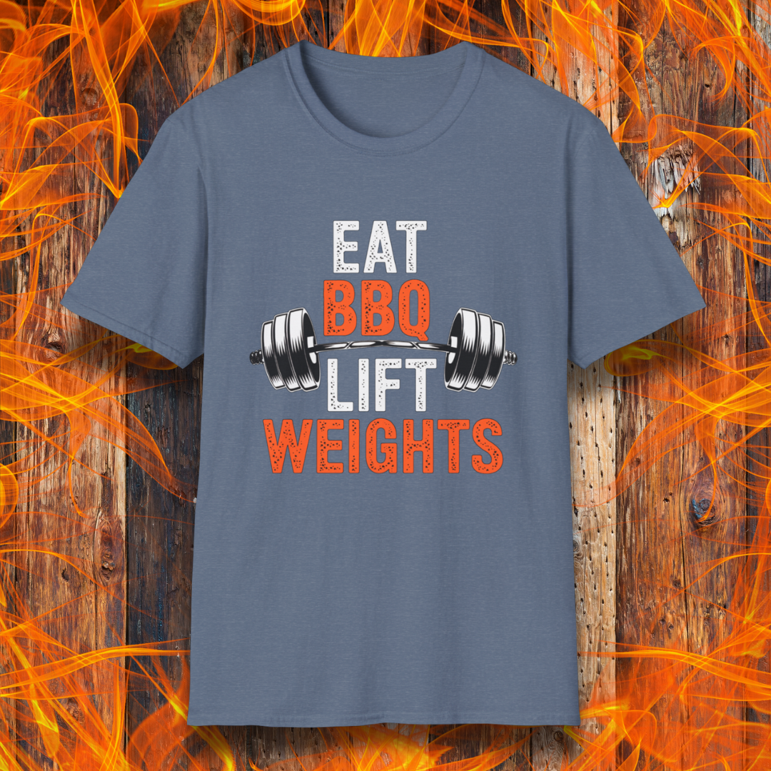 Heather Indigo T-shirt featuring a bold fitness-inspired design with the phrase 'Eat BBQ Lift Weights' alongside a barbell graphic. Perfect for barbecue lovers who also enjoy hitting the gym and staying strong while indulging in their favorite grilled meats."