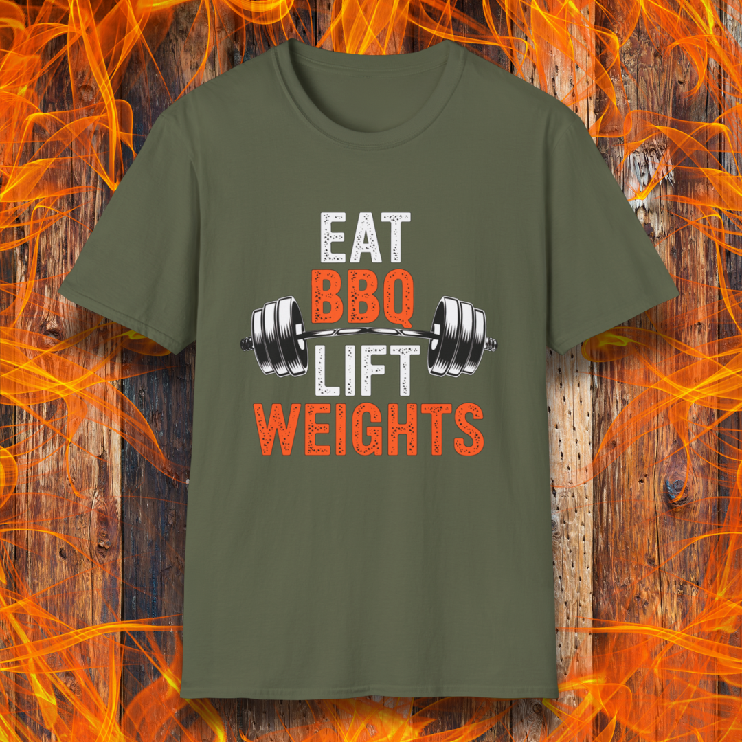 Military GreenT-shirt featuring a bold fitness-inspired design with the phrase 'Eat BBQ Lift Weights' alongside a barbell graphic. Perfect for barbecue lovers who also enjoy hitting the gym and staying strong while indulging in their favorite grilled meats."