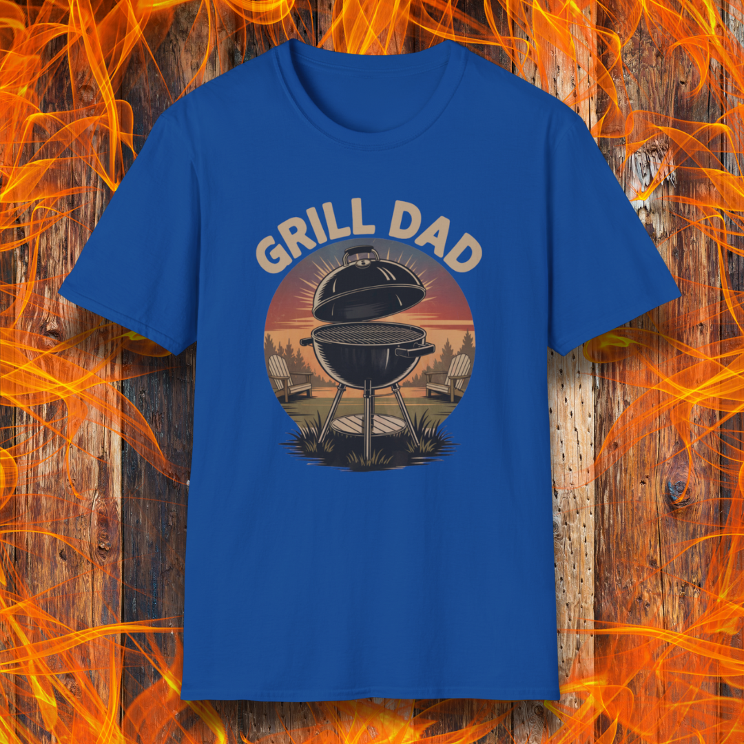 Royal Blue t-shirt with 'Grill Dad' graphic on a wooden background with flames.